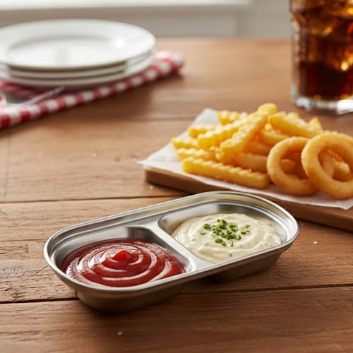 Stainless Steel 2-Compartment Dipping Sauce Dish | Divided Condiment Server