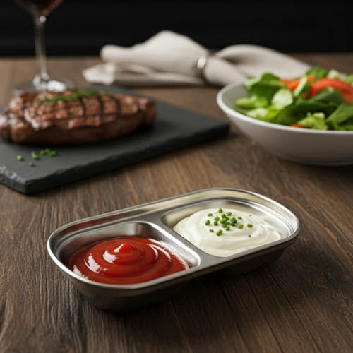 Stainless Steel 2-Compartment Dipping Sauce Dish | Divided Condiment Server
