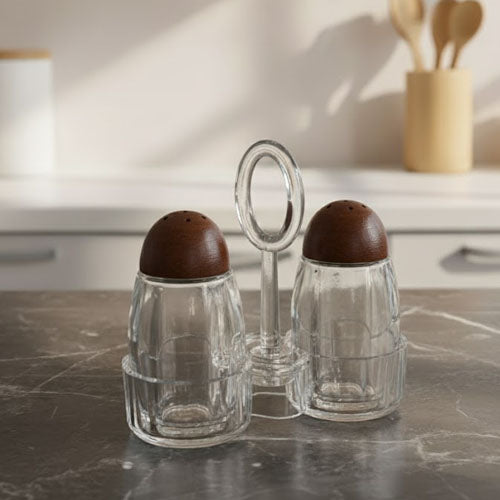 2-Piece Classic Condiment Set | Clear Glass Shakers with Dark Wood Top and Carry Handle
