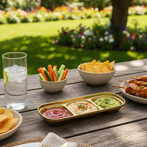 Deluxe Gold 3-Compartment Serving Dish | Divided Appetizer and Dip Platter