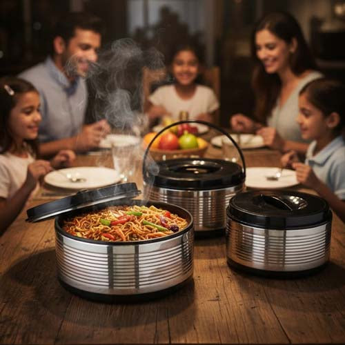 Modern Chrome-Finish 3-Piece Insulated Hot Pot Set | Ribbed Thermal Casseroles