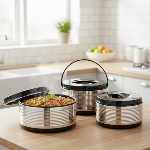 Modern Chrome-Finish 3-Piece Insulated Hot Pot Set | Ribbed Thermal Casseroles
