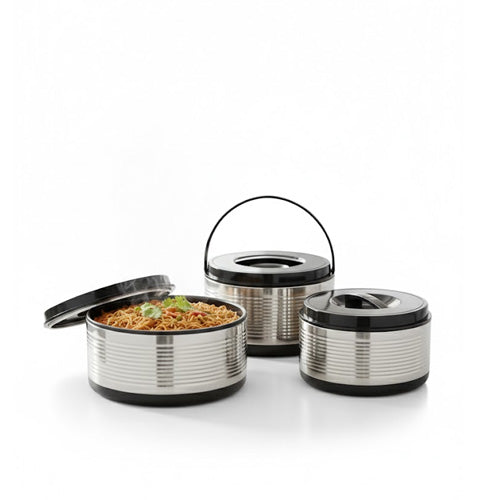 Modern Chrome-Finish 3-Piece Insulated Hot Pot Set | Ribbed Thermal Casseroles