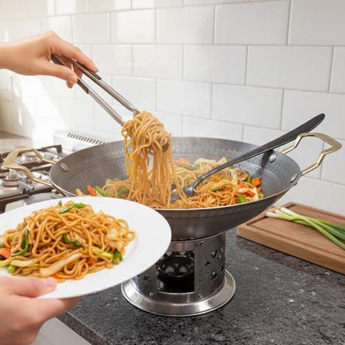 Traditional Hand-Hammered Karahi / Wok with Brass Handles & Serving Stand