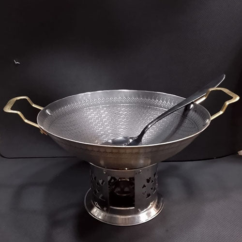 Traditional Hand-Hammered Karahi / Wok with Brass Handles & Serving Stand
