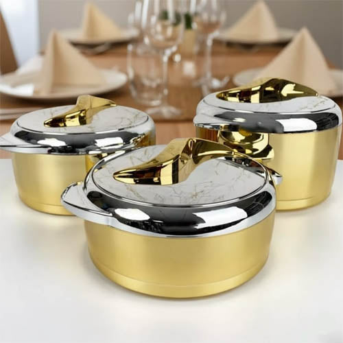 Luxury Gold & Marble-Effect 3-Piece Insulated Hot Pot Set | Thermal Serving Casserole
