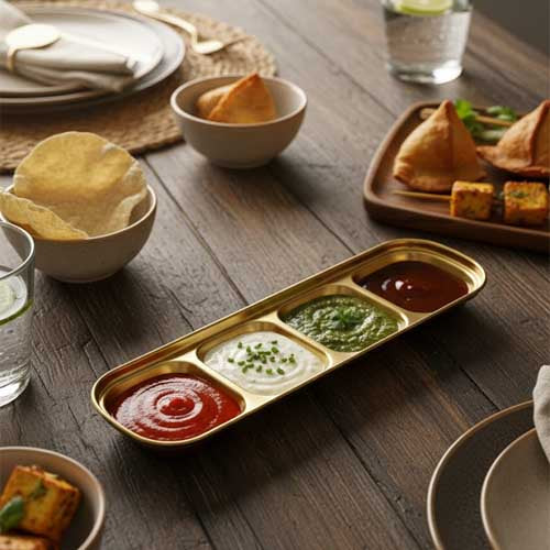 Deluxe Gold 4-Compartment Serving Dish | Divided Appetizer and Dip Platter
