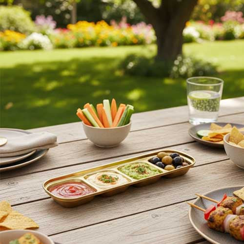 Deluxe Gold 4-Compartment Serving Dish | Divided Appetizer and Dip Platter