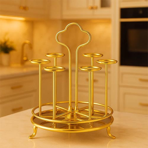 Luxurious 6-Piece Golden Glass Holder and Serving Stand with Rotating Tray