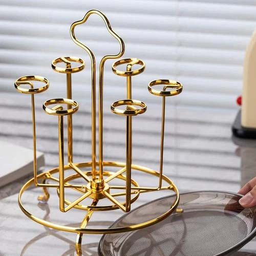 Luxurious 6-Piece Golden Glass Holder and Serving Stand with Rotating Tray