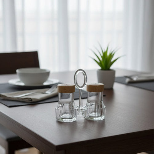 Modern Acrylic Salt & Pepper Shakers with Natural Wooden Caps and Caddy