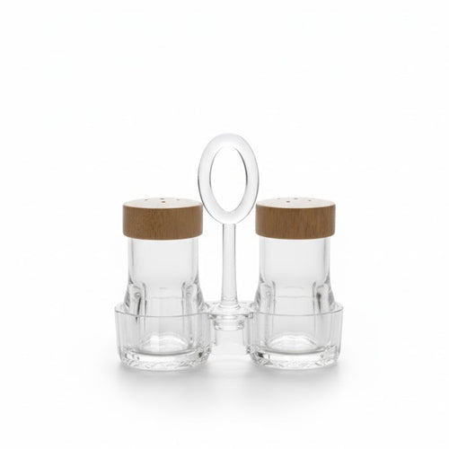 Modern Acrylic Salt & Pepper Shakers with Natural Wooden Caps and Caddy
