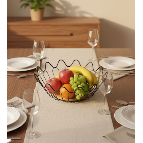 Modern Wavy Wire Fruit Basket with Wooden Base | Decorative Centerpiece Bowl