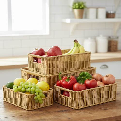3-Piece Hand-Woven Rattan-Look Storage Basket Set with Handles | Kitchen & Pantry Organizer