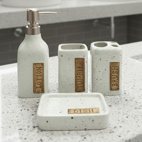 Modern 4-Piece Speckled Ceramic Bathroom Accessory Set | Countertop Soap Dispenser, Tumbler & Toothbrush Holder