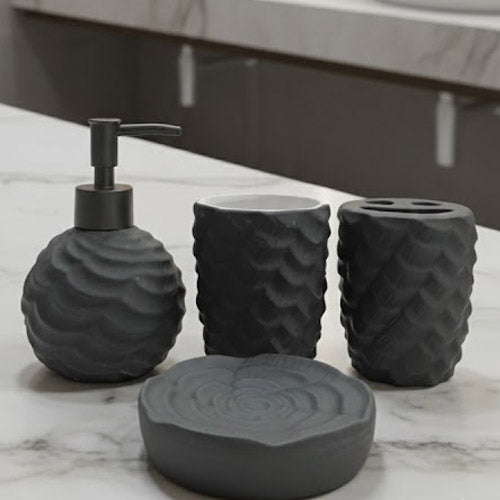 Textured Wavy Ceramic Bathroom Accessory Set (4-Piece) | Matte Black or White Farmhouse Style Vanity Decor