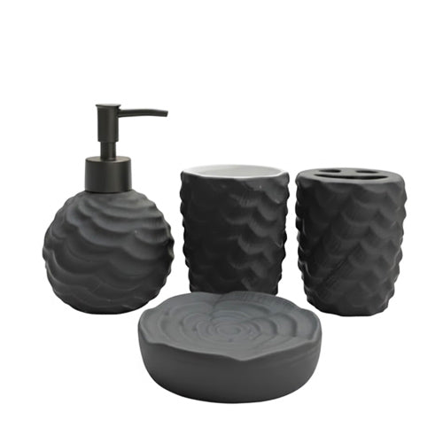Textured Wavy Ceramic Bathroom Accessory Set (4-Piece) | Matte Black or White Farmhouse Style Vanity Decor