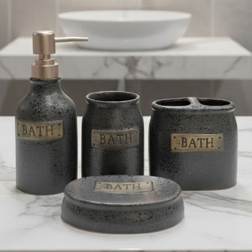 Rustic 4-Piece Speckled Ceramic Bath Set | Farmhouse Labeled Vanity Organizer (Black or White) with Metal Accents
