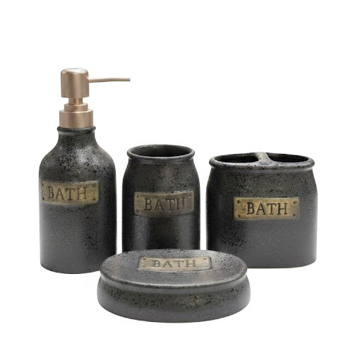 Rustic 4-Piece Speckled Ceramic Bath Set | Farmhouse Labeled Vanity Organizer (Black or White) with Metal Accents