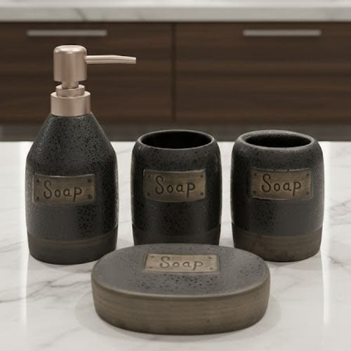 4-Piece Rustic Farmhouse Speckled Ceramic Bathroom Set | Labeled Vanity Organizer with Copper Accents