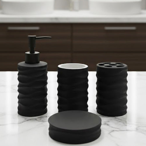 Textured Wavy Ceramic 4-Piece Bathroom Accessory Set | Matte Finish Organic Countertop Decor (Black or White)