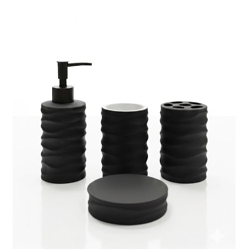 Textured Wavy Ceramic 4-Piece Bathroom Accessory Set | Matte Finish Organic Countertop Decor (Black or White)