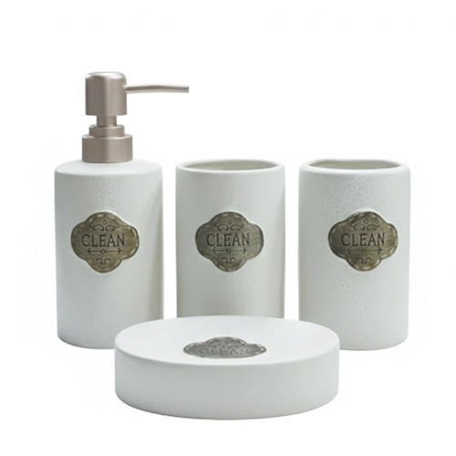 4-Piece White Speckled Farmhouse Ceramic Bathroom Set | Labeled Vanity Organizer with Copper Accents