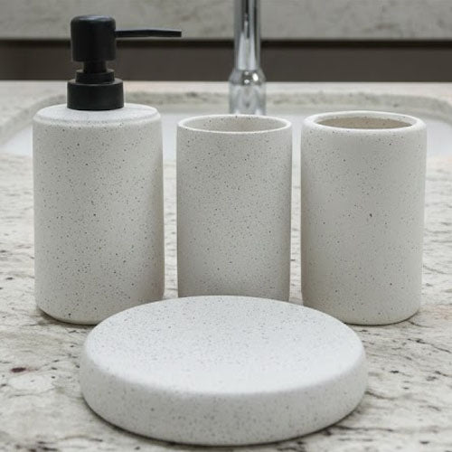 Modern Speckled White Ceramic 4-Piece Bathroom Set | Minimalist or Labeled Farmhouse Vanity Organizer