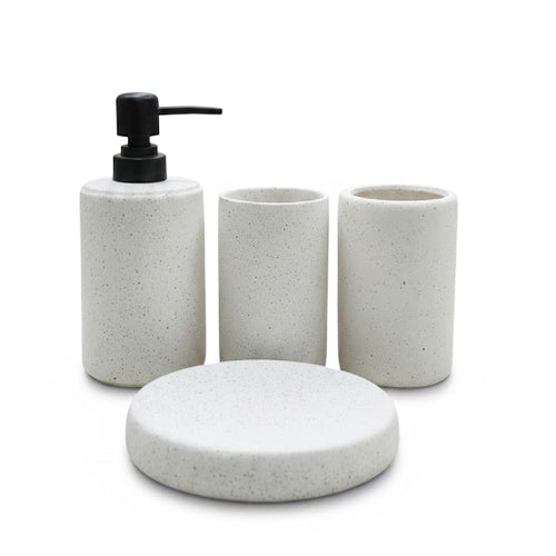 Modern Speckled White Ceramic 4-Piece Bathroom Set | Minimalist or Labeled Farmhouse Vanity Organizer