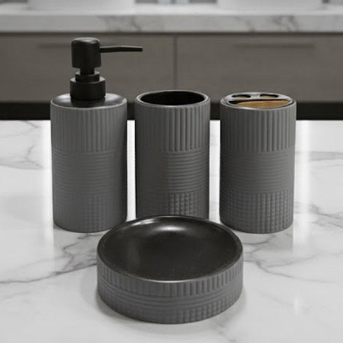Modern 4-Piece Geometric Textured Ceramic Bathroom Set | Fluted Countertop Vanity Organizer (Gray/White)