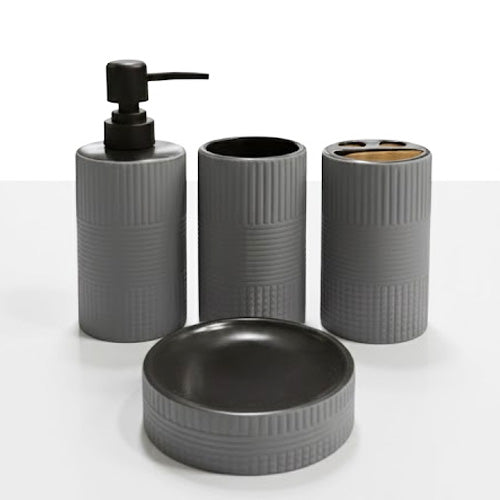 Modern 4-Piece Geometric Textured Ceramic Bathroom Set | Fluted Countertop Vanity Organizer (Gray/White)