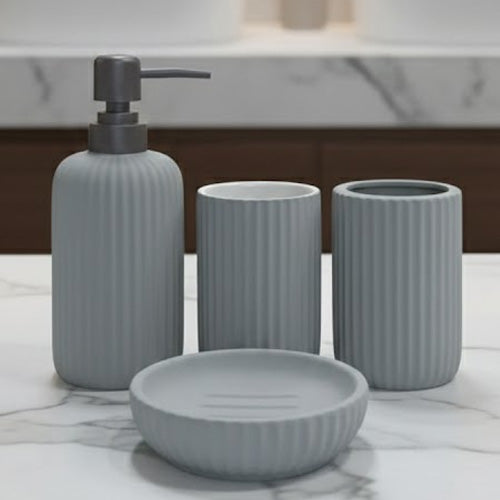 Modern 4-Piece Fluted Ceramic Bathroom Accessory Set | Matte Finish Ribbed Countertop Vanity Decor
