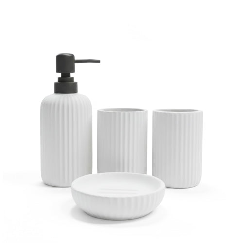Modern 4-Piece Fluted Ceramic Bathroom Accessory Set | Matte Finish Ribbed Countertop Vanity Decor