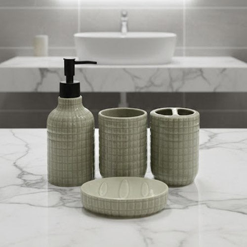 4-Piece Labeled Farmhouse Speckled Ceramic Bathroom Set | Rustic Vanity Organizer (Lotion, Tumbler, Brush)