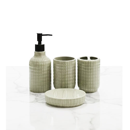 4-Piece Labeled Farmhouse Speckled Ceramic Bathroom Set | Rustic Vanity Organizer (Lotion, Tumbler, Brush)