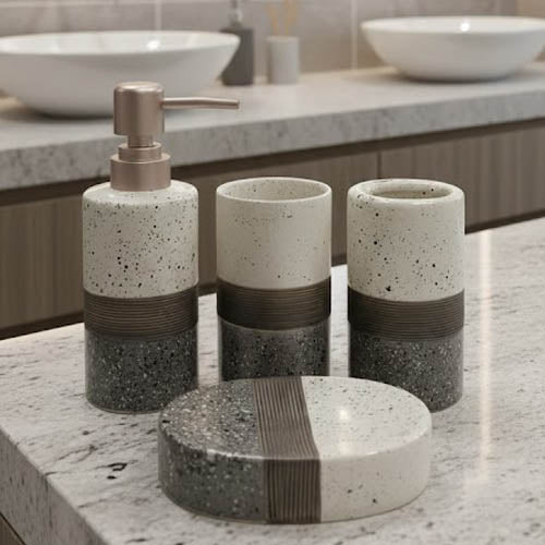Modern Terrazzo Ceramic Bathroom Accessory Set - 4 Piece Luxury Vanity Countertop Organizer - Soap Dispenser, Tumblers, & Dish