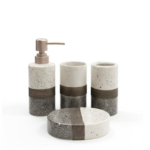 Modern Terrazzo Ceramic Bathroom Accessory Set - 4 Piece Luxury Vanity Countertop Organizer - Soap Dispenser, Tumblers, & Dish