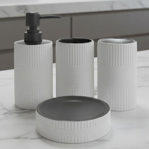 Modern 4-Piece Geometric Textured Ceramic Bathroom Set | Fluted Countertop Vanity Organizer (Gray/White)