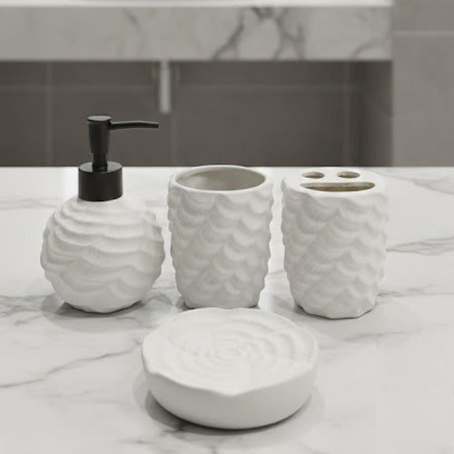 Textured Wavy Ceramic Bathroom Accessory Set (4-Piece) | Matte Black or White Farmhouse Style Vanity Decor