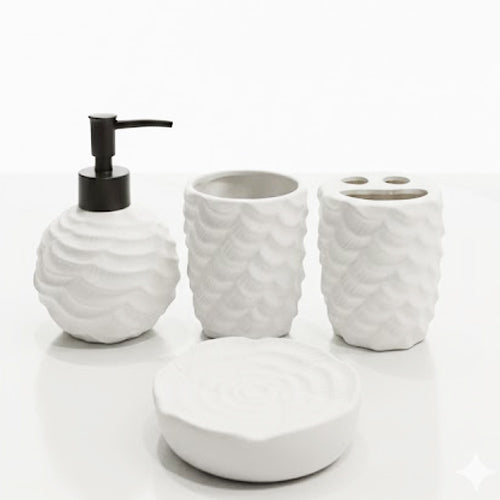 Textured Wavy Ceramic Bathroom Accessory Set (4-Piece) | Matte Black or White Farmhouse Style Vanity Decor