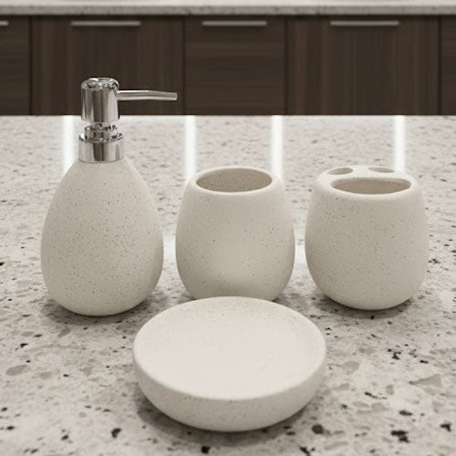 Minimalist Speckled Ceramic Bathroom Accessory Set - 4 Piece Cream/White Vanity Organizer - Soap Dispenser, Tumbler, & Toothbrush Holder