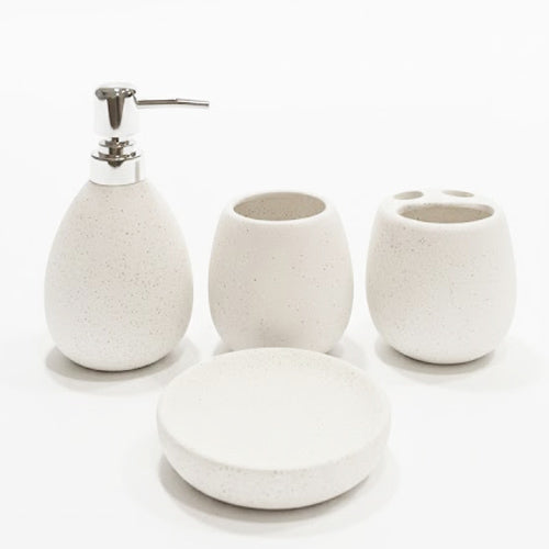 Minimalist Speckled Ceramic Bathroom Accessory Set - 4 Piece Cream/White Vanity Organizer - Soap Dispenser, Tumbler, & Toothbrush Holder