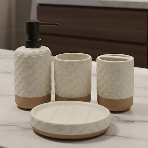 Rustic Farmhouse Ceramic Bathroom Set - 4 Piece Textured Clay Look Vanity Accessories - White Basketweave Dispenser & Tumblers