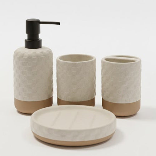 Rustic Farmhouse Ceramic Bathroom Set - 4 Piece Textured Clay Look Vanity Accessories - White Basketweave Dispenser & Tumblers