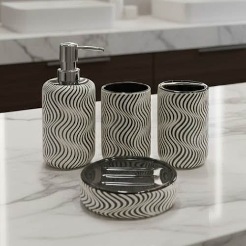 Ziggi Black & White Ceramic Bathroom Accessory Set - 4 Piece Modern Wavy Marble Look Soap Dispenser, Toothbrush Holder & Soap Dish
