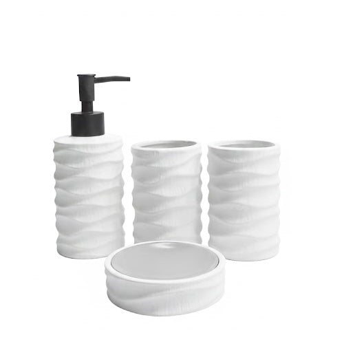 Textured Wavy Ceramic 4-Piece Bathroom Accessory Set | Matte Finish Organic Countertop Decor (Black or White)