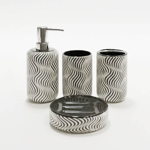 Ziggi Black & White Ceramic Bathroom Accessory Set - 4 Piece Modern Wavy Marble Look Soap Dispenser, Toothbrush Holder & Soap Dish