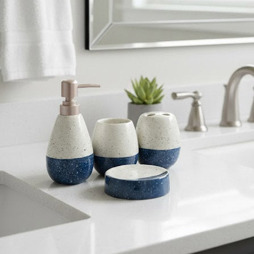 Speckled Ceramic Blue & White Bathroom Accessory Set (4-Piece)