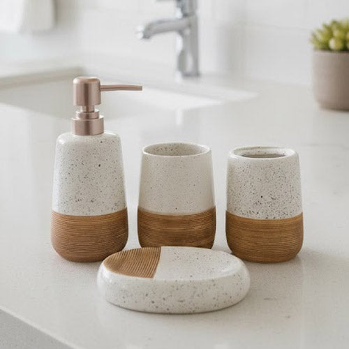 Rustic 4-Piece Ceramic Bathroom Set | Speckled White & Faux Wood Vanity Accessories with Rose Gold Pump