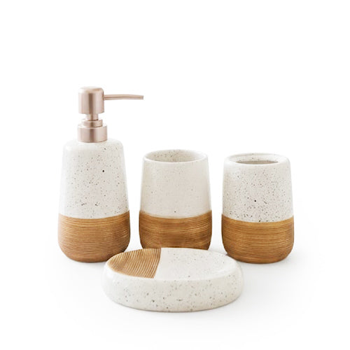 Rustic 4-Piece Ceramic Bathroom Set | Speckled White & Faux Wood Vanity Accessories with Rose Gold Pump